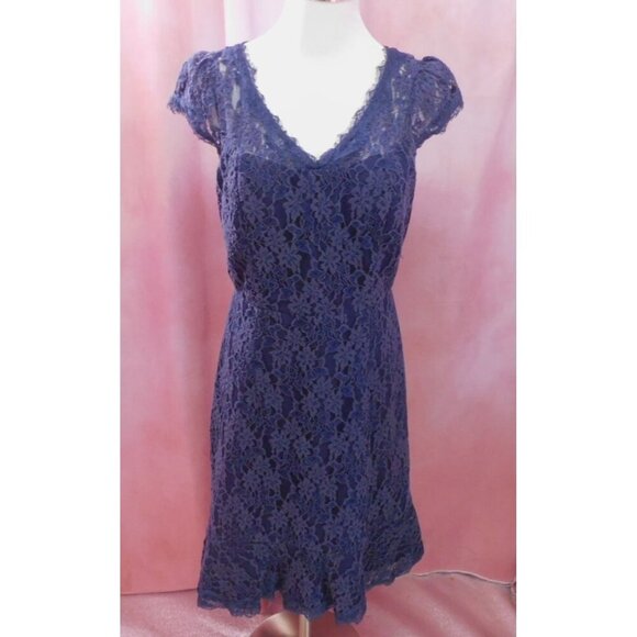 SALE Lace V-Neck Wedding Guest Party Dress Sz 6 Navy Blue Lined - Picture 1 of 14